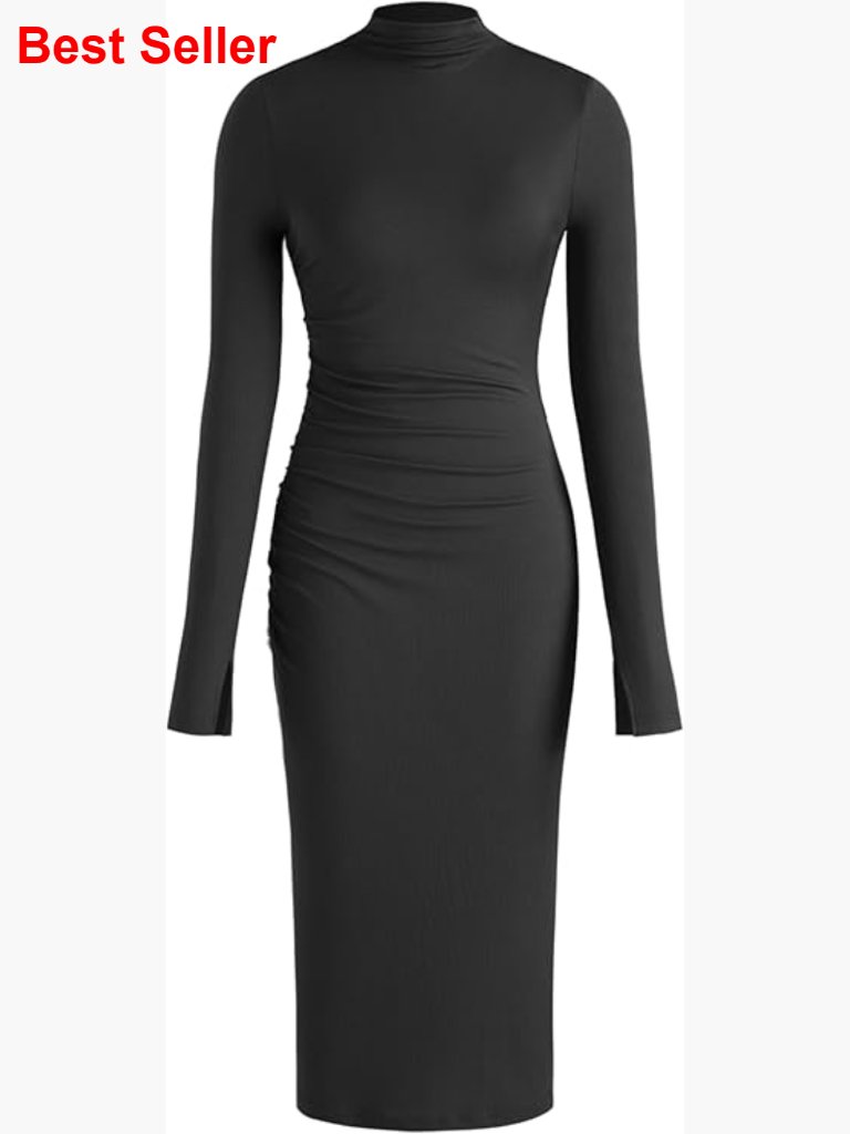 Long Sleeve Ribbed Knit Bodycon Ruched Midi Dress